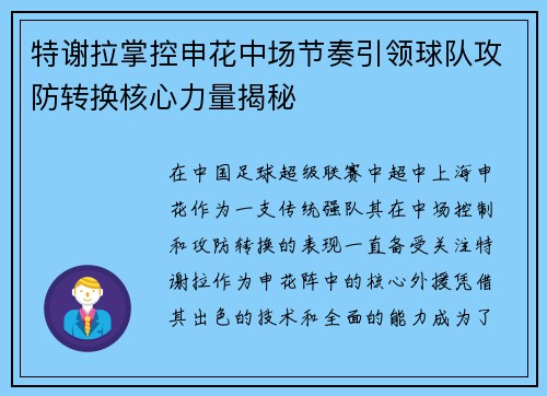 特谢拉掌控申花中场节奏引领球队攻防转换核心力量揭秘